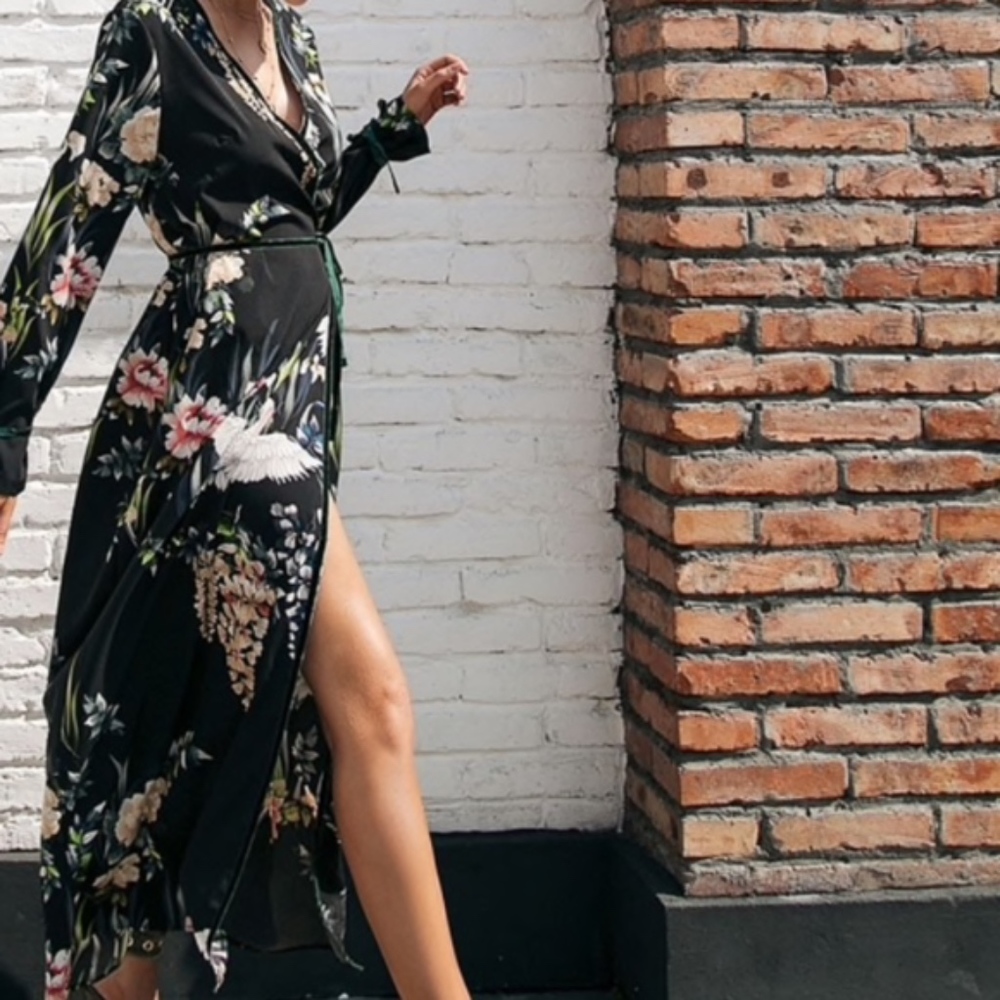 NEW Black Print Floral Kimono Wrap Dress